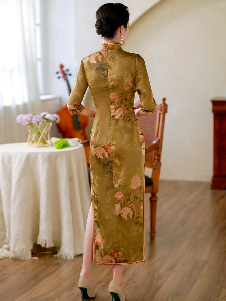 Classic Chinese Style Printed Pattern Brown Mid-length Sleeve Cheongsam Dress for Women-04