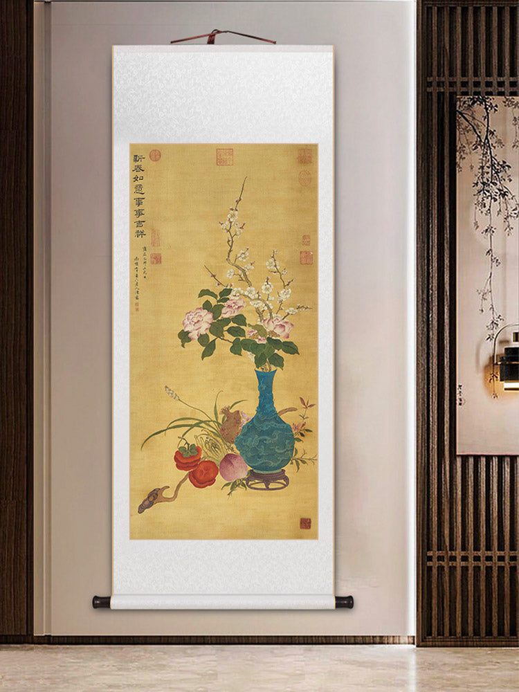 Traditional Chinese Classical Flower and Vase Silk Scroll Hanging Painting Chinese Style Wall Decoration Art-05