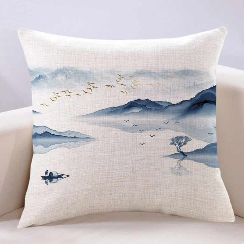 Chinese Style Blue Art Ink Landscape Painting Cotton and Linen Throw Pillow-06