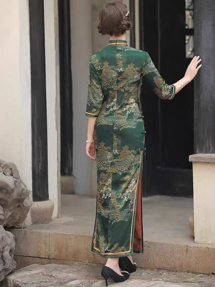 Vintage Ink Green Chinese Ancient Architecture Printed Mid-sleeve Cheongsam Dress-04