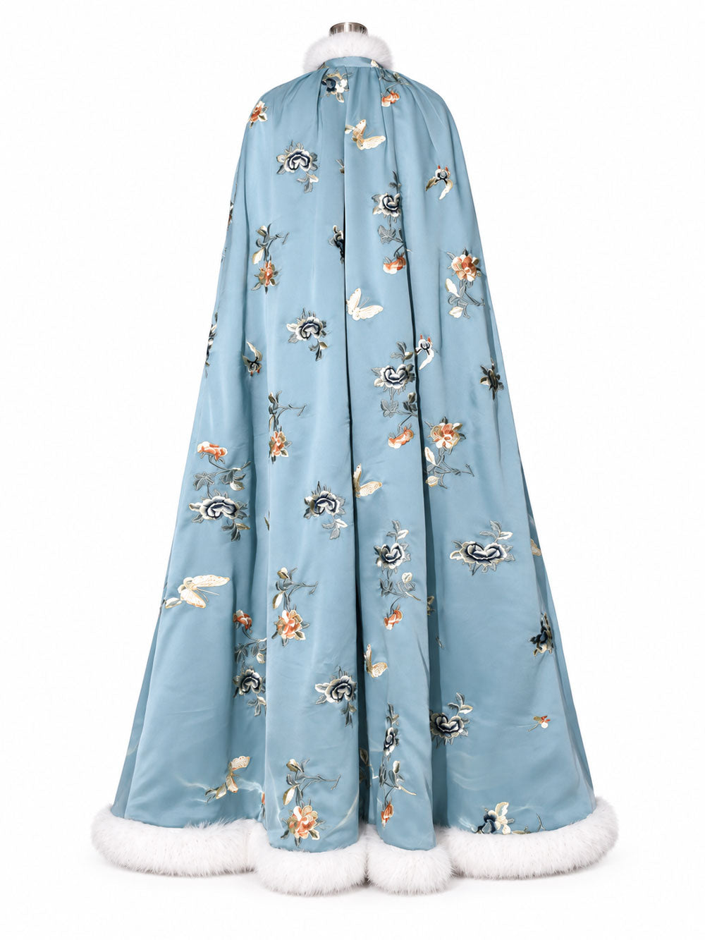 Blue Su Embroidery Hanfu Cape with Faux Fur Lining — Butterflies Among Blossoms