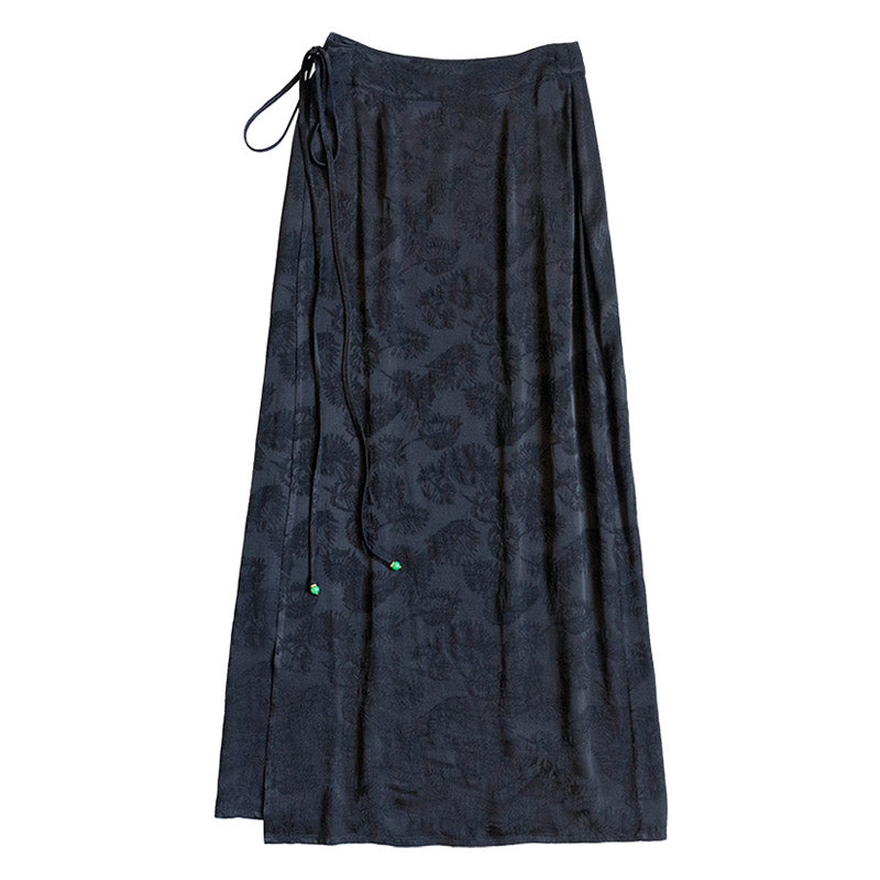 Black Vintage Chinese-style Feather Dark Pattern Jacquard Midi Skirt for Women-03