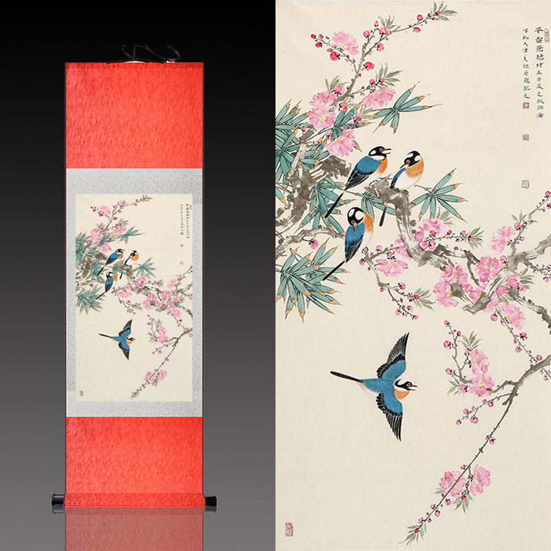 Beautiful Chinese Painting - Early Spring Lucky Flowers Peach Blossom and Four Magpies Silk Scroll Hanging Painting Wall Decoration Art-10
