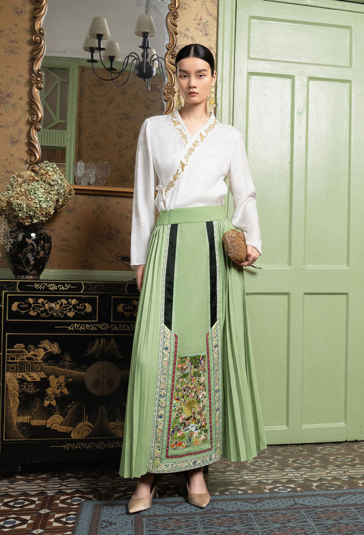 Embroidered Floral and Bird Pattern Ma Mian Skirt - Women's Wrap Skirt-09