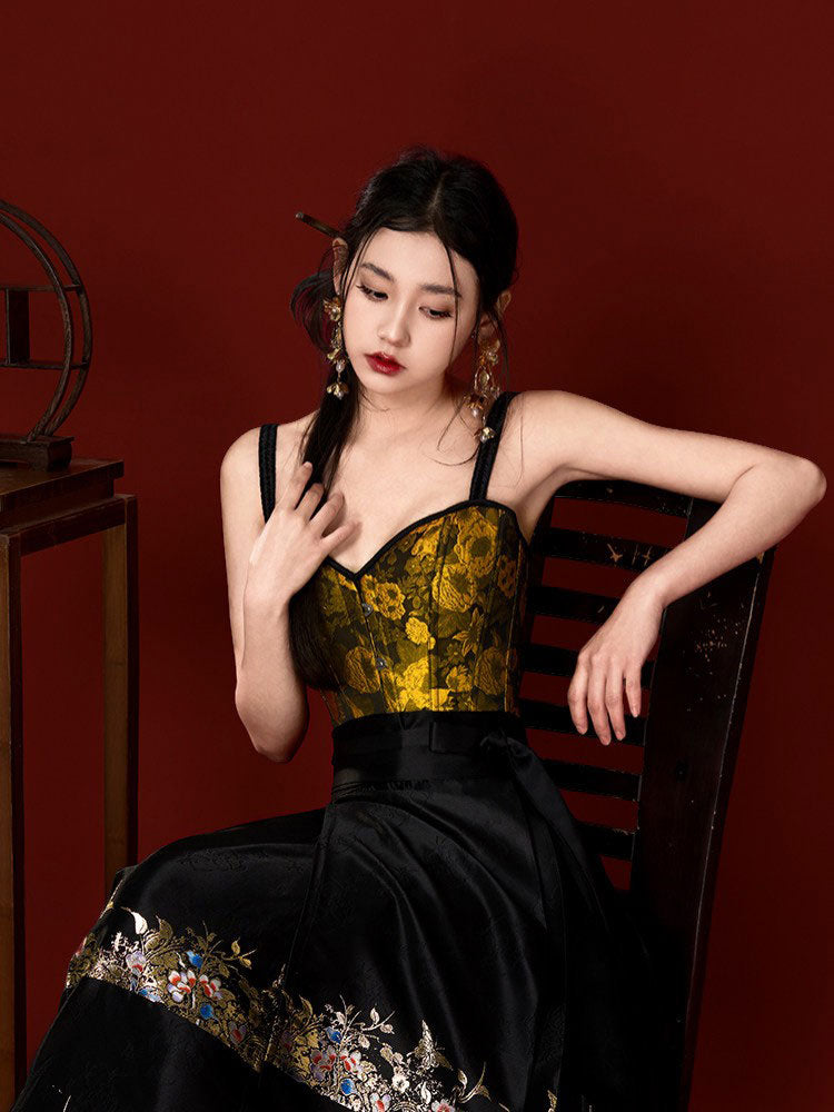Black & Gold Vintage Hanfu Camisole Bustier Top for Mamian Skirt-05