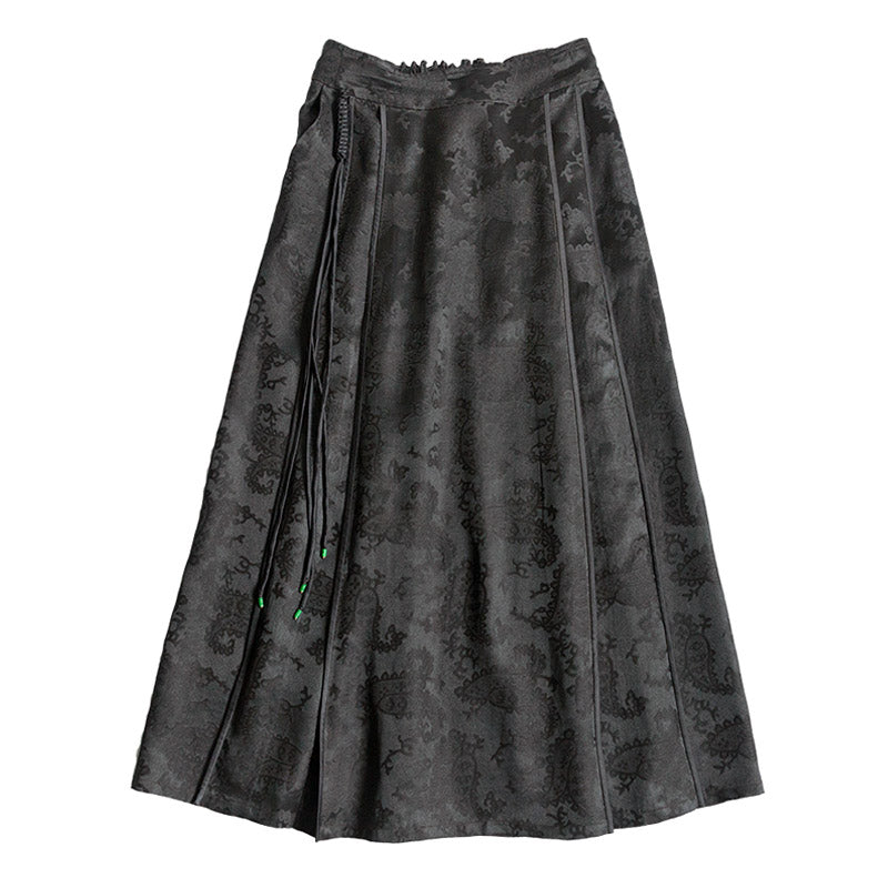 New Chinese-style Black Vintage Pattern Mulberry Silk Midi Skirt Mamianqun Skirt-02