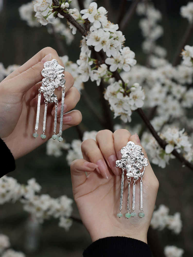 Orchid Cluster S930 - Handforged Chinese Phalaenopsis Earrings in Sterling Silver with Jadeite Beaded Tassels-05