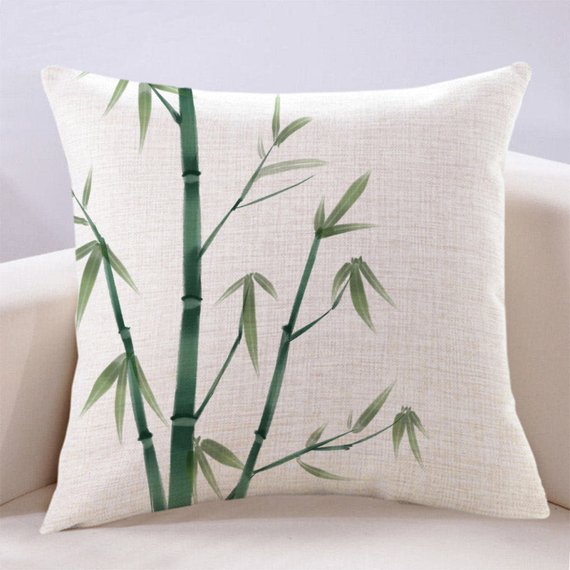 Vintage Chinese Style Ink Bamboo Leaf Landscape Painting Cotton and Linen Throw Pillow-03