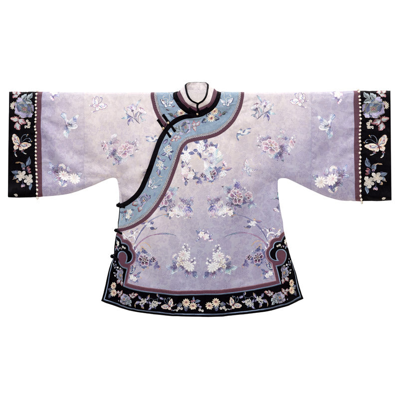 New Chinese Style Purple Cross-collared Suit with Butterfly and Flower Embroidery Qing Dynasty Women's Suit-06