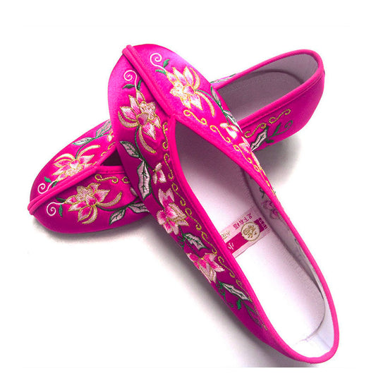 Chinese Vintage Satin Lotus Embroidered Round Toe Slip On Flats (Multi-Color)-02