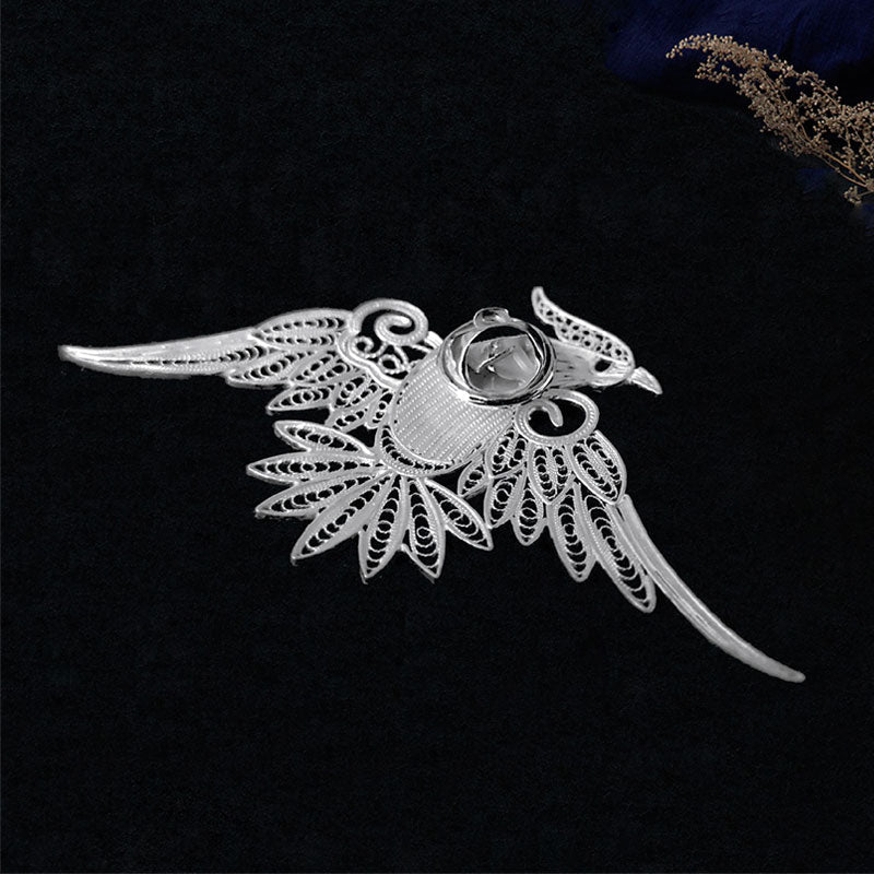 Vintage Plain Silver Filigree Auspicious Bird Phoenix Brooch for Women-05