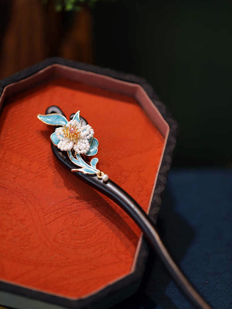 Chinese Blue Enamel Ebony Hairpin with Floral and Dragonfly Details-05