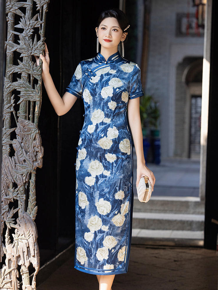 Romantic Blue Floral Vintage Qipao Cheongsam Dress for Women-05