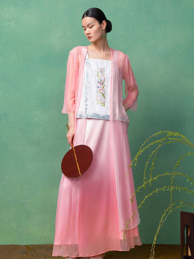 Gradient Pink Silk Modern Ma Mian Skirt – Wrap Midi Skirt for Women-05