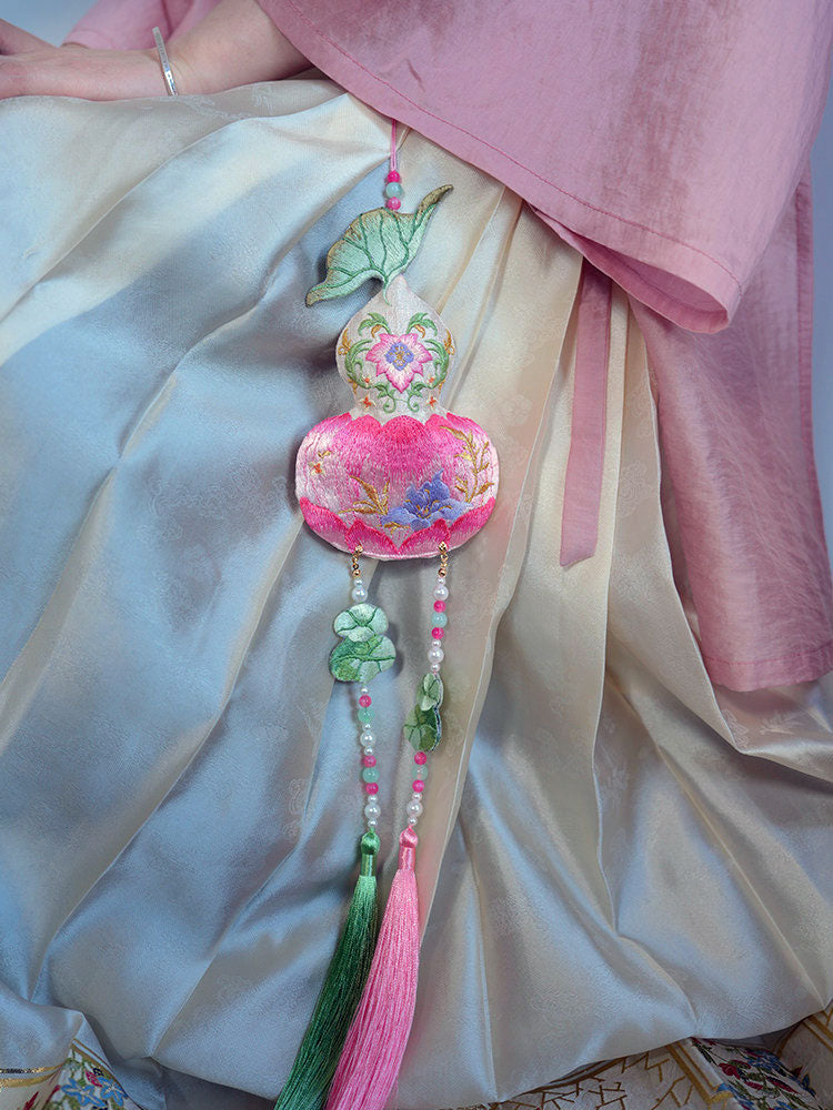 Double-Sided Embroidered Pink Lotus Tassel Sachet Charm-05