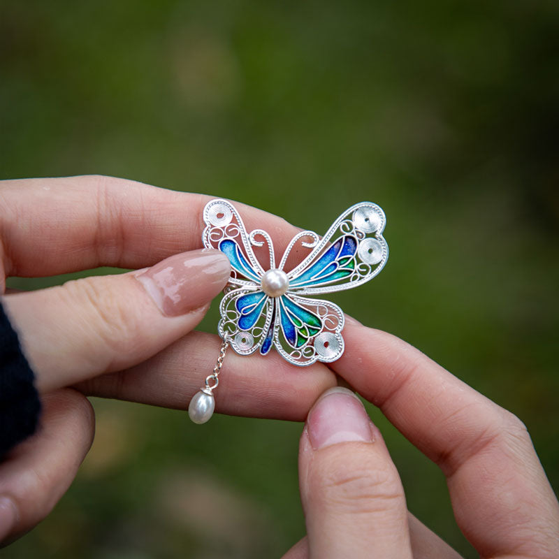 Vintage Cloisonné Silver Filigree Butterfly Inlaid Natural Freshwater Pearl Pendant / Brooch Jewelry Gift-04