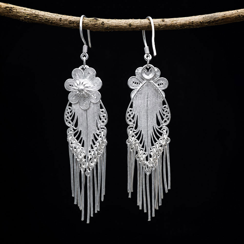 Plum Blossom Filigree Tassel Earrings in 999 Fine Silver-05