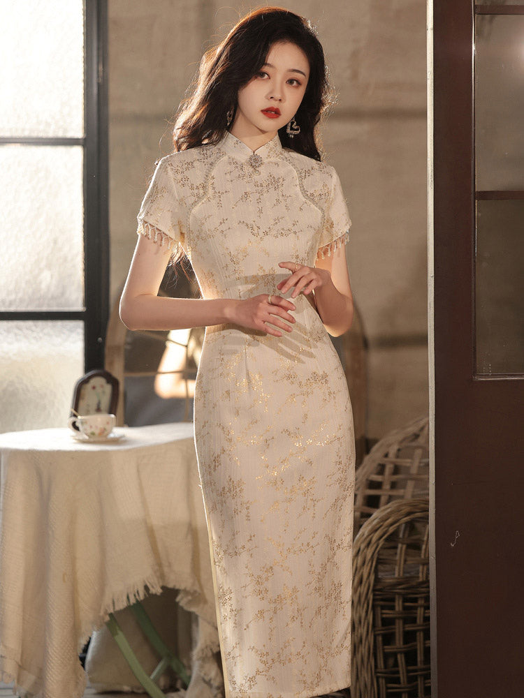 Vintage Elegant Cream White Lace Gold Foil Printed Qipao Cheongsam Dress-01
