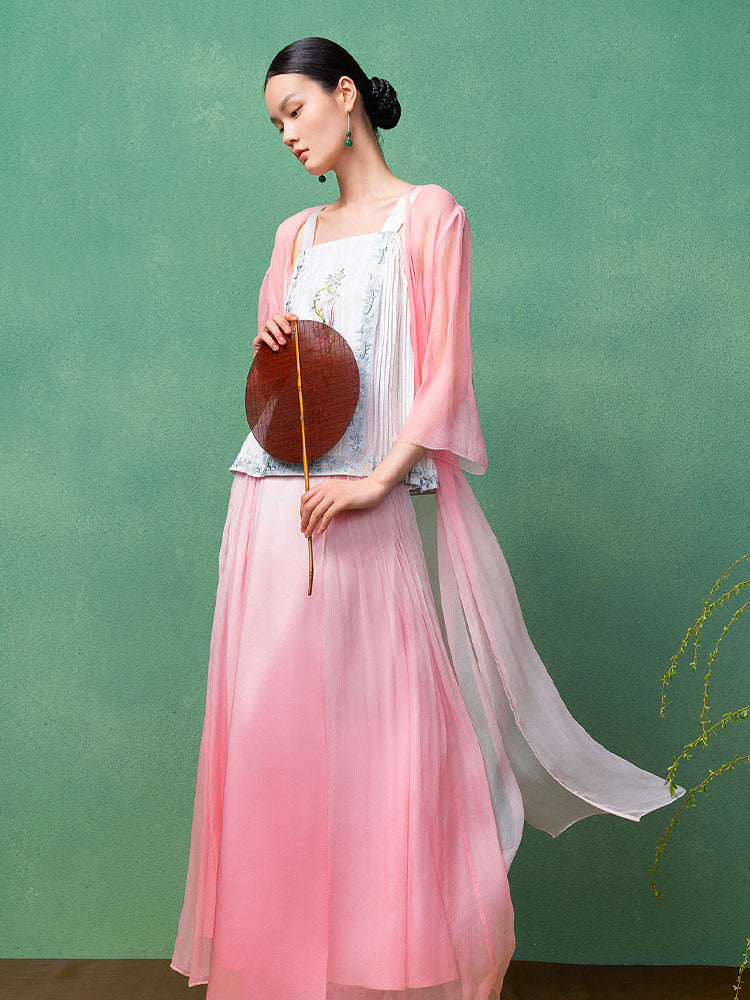 Gradient Pink Silk Modern Ma Mian Skirt – Wrap Midi Skirt for Women-06