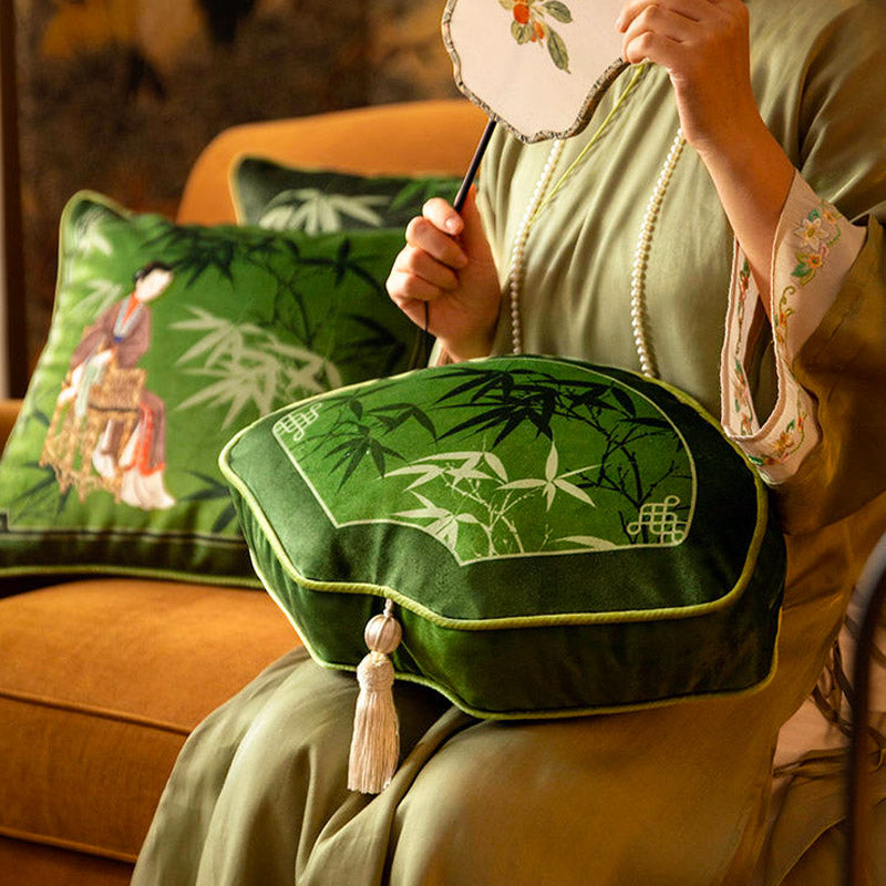 Chinese Style Lantern/Fan Shaped Green Auspicious Crane and Bamboo Pattern Decorative Throw Pillow-06