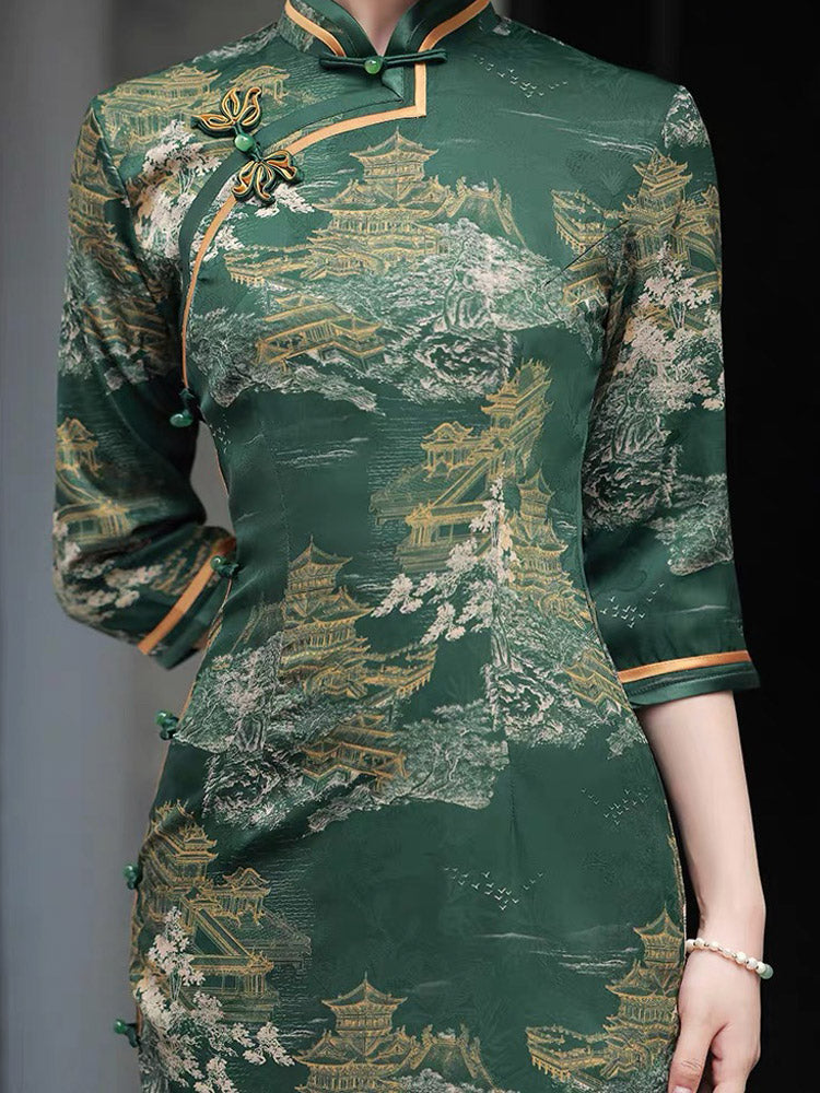 Vintage Ink Green Chinese Ancient Architecture Printed Mid-sleeve Cheongsam Dress-06