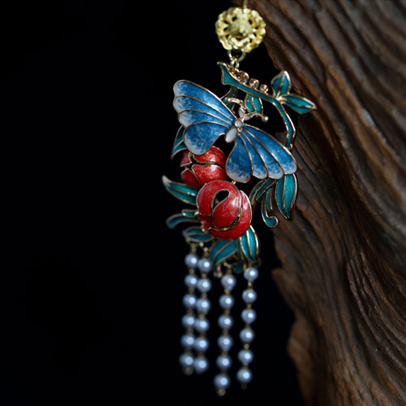 Ancient Chinese Style Butterfly and Flower Artificial Pearl Tassel Earrings-06