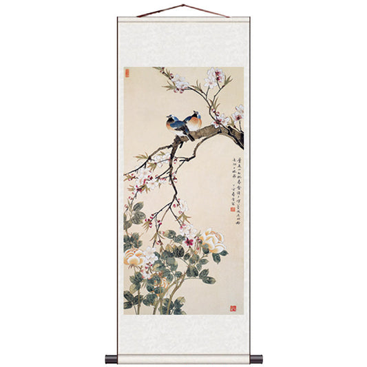 Traditional Chinese Paiting Reproduction Flower and Bird「Peace and Prosperity」Silk Scroll Hanging Painting Wall Decoration Art