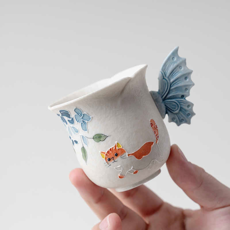 Blue Windflower & Ginger Cat Hand-Painted Ceramic Cup-06