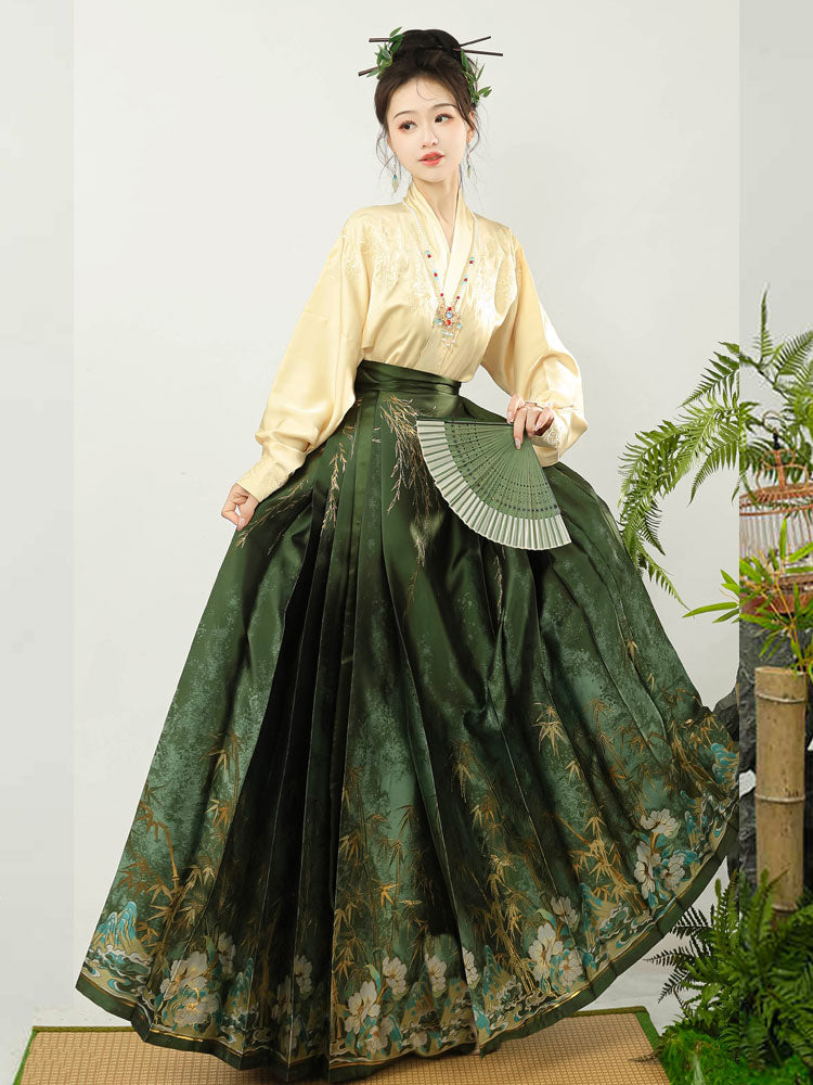 Flickering Bamboo Shadows - Green Vintage Woven Gold Mamianqun Skirt-03