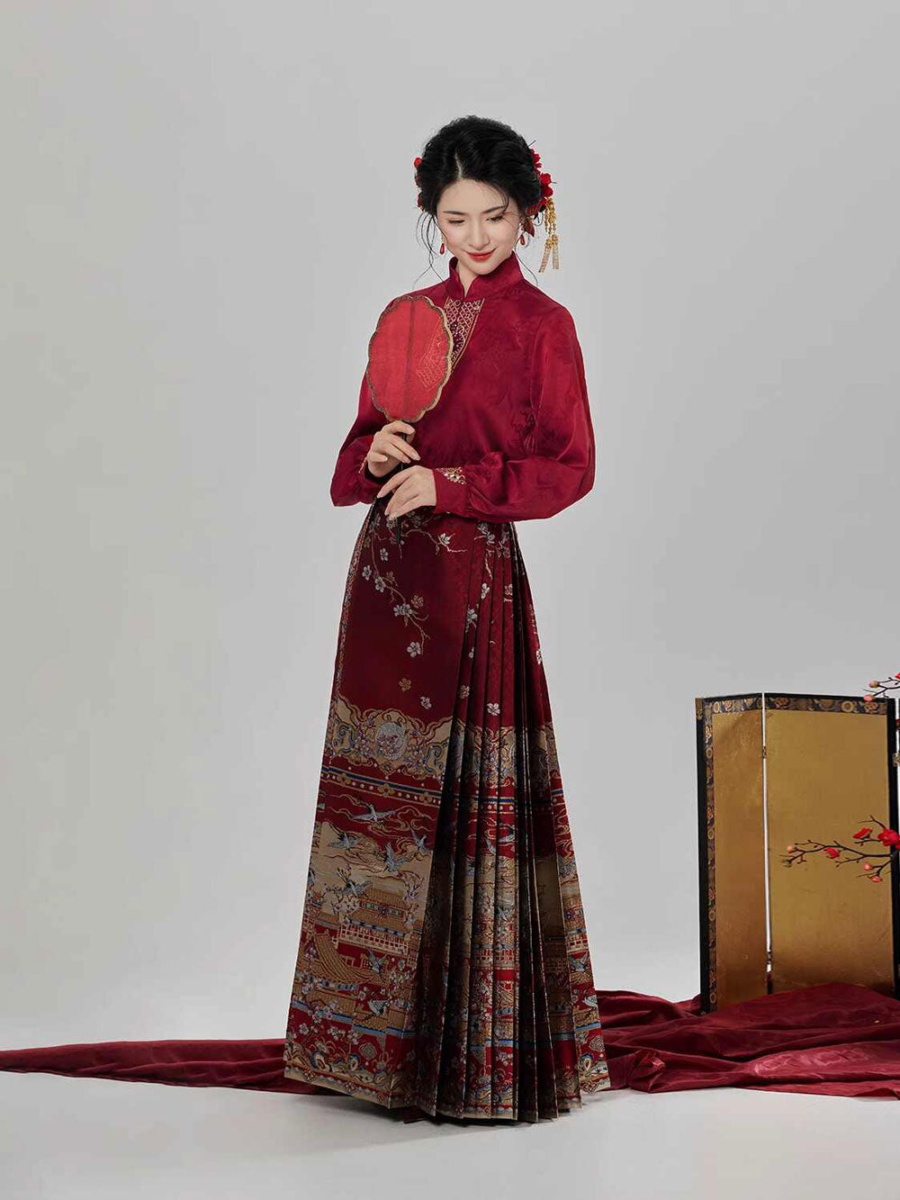 Spring at the Imperial Palace — Pomegranate Red Ming-Style Mamian Skirt Set-02