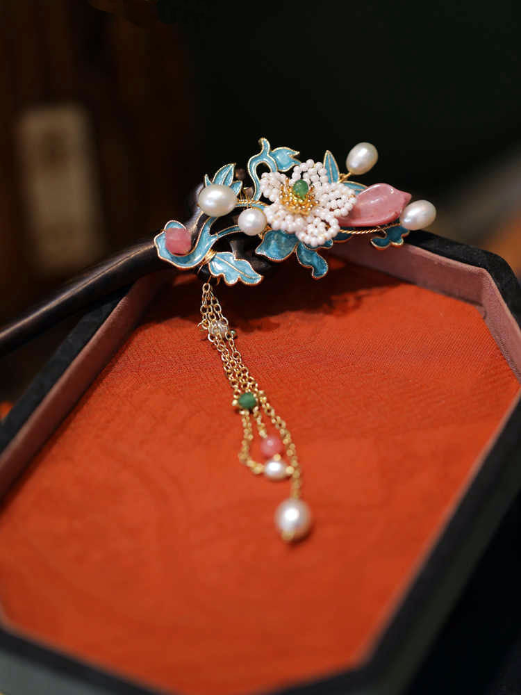 Chinese Blue Enamel Ebony Hairpin with Floral and Dragonfly Details-06