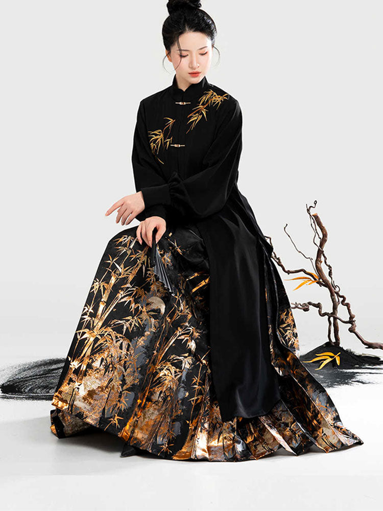 Golden Bamboo Ink Wash - Woven Gold Ma Mian Qun Hanfu Skirt-01