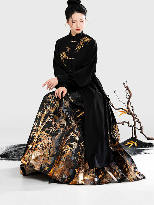 Golden Bamboo Ink Wash - Woven Gold Ma Mian Qun Hanfu Skirt