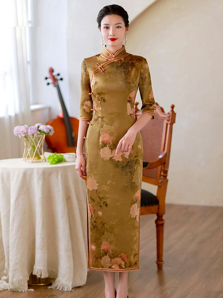 Classic Chinese Style Printed Pattern Brown Mid-length Sleeve Cheongsam Dress for Women-06