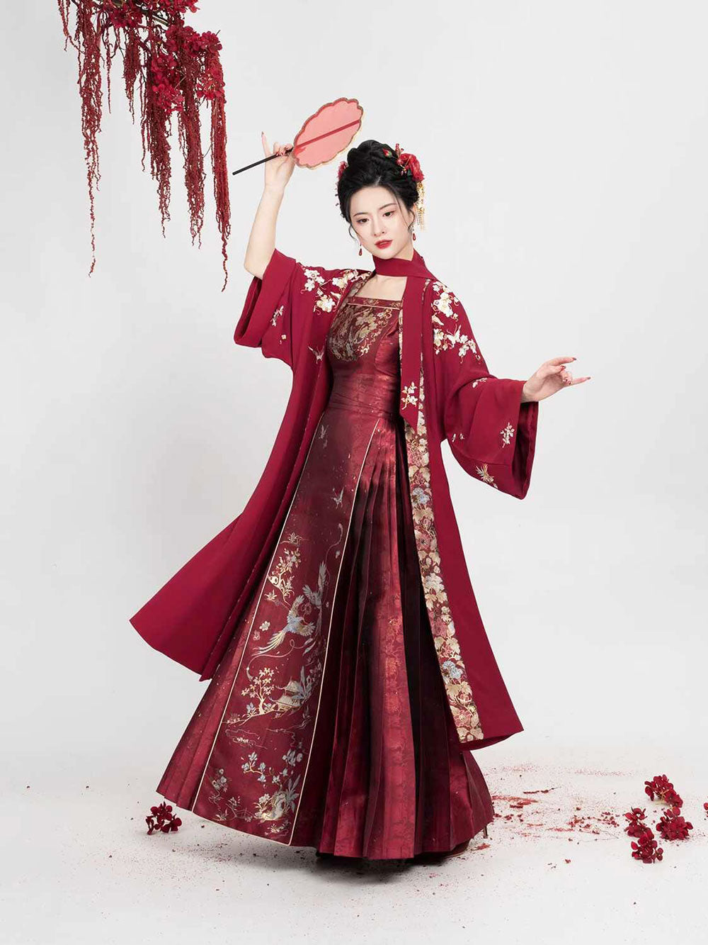 Birds & Blossoms — Ming-Style Gold-Woven Red Mamian Skirt Set-01