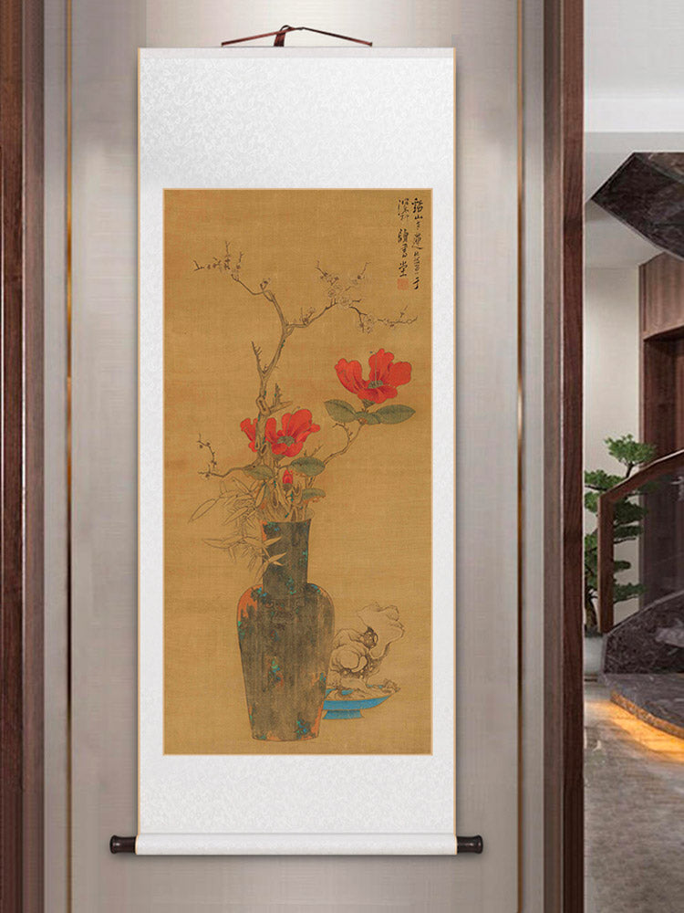 Traditional Chinese Classical Flower and Vase Silk Scroll Hanging Painting Chinese Style Wall Decoration Art-06
