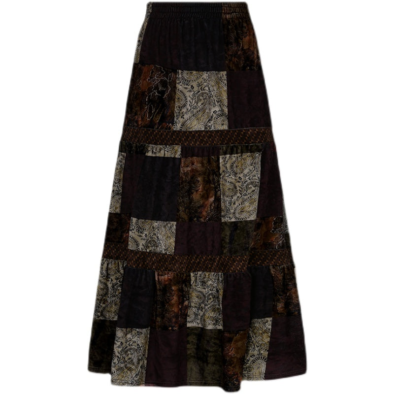 Vintage Velvet Patchwork Retro Tribal Print Skirt: Embrace the Wasteland Fashion Trend-06