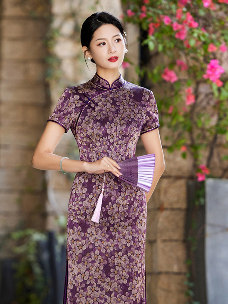 Romantic Vintage Purple Floral Printed Qipao Cheongsam Dress-06