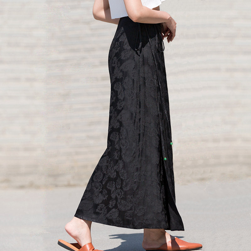 Black Vintage Chinese-style Feather Dark Pattern Jacquard Midi Skirt for Women-05