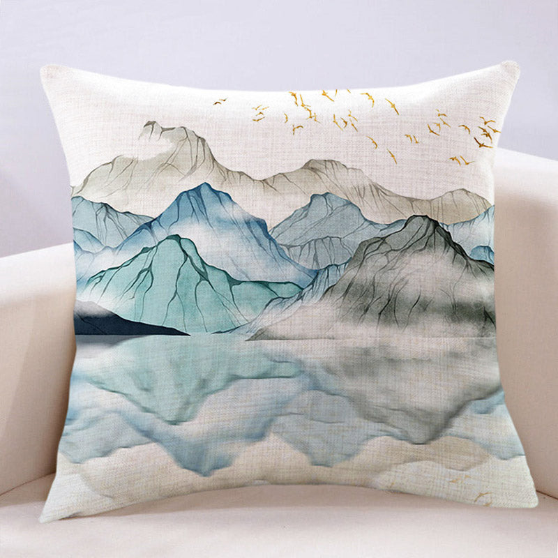 Chinese Style Blue Art Ink Landscape Painting Cotton and Linen Throw Pillow-04