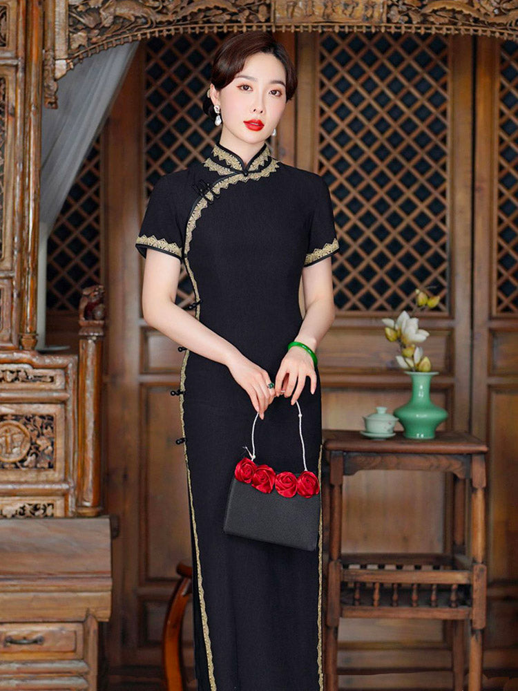 Vintage Elegant Black Long Cheongsam Dress with Lace Trim-06