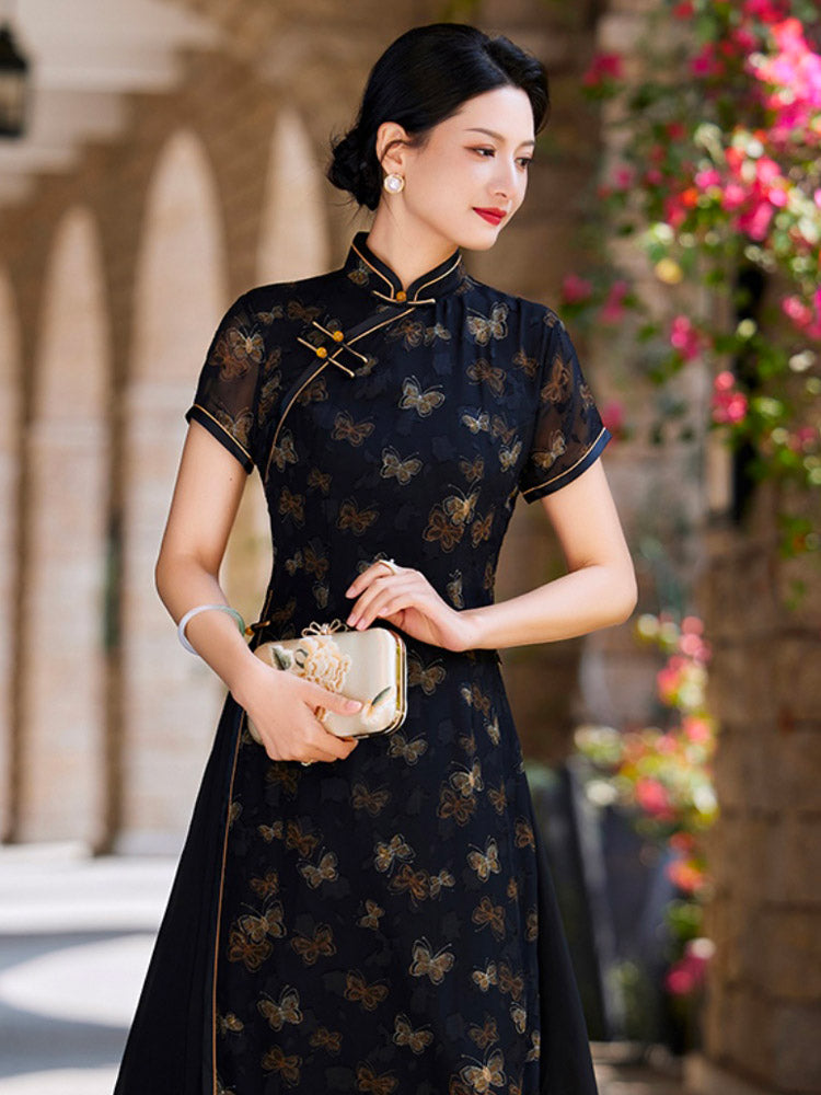 Loose-Fit Improved Black Butterfly Printed Qipao Cheongsam Dress for Women-06