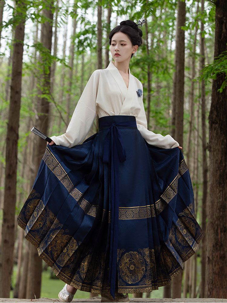 Traditional Chinese Retro Double Phoenix Pattern Woven Gold Mamianqun Skirt-03