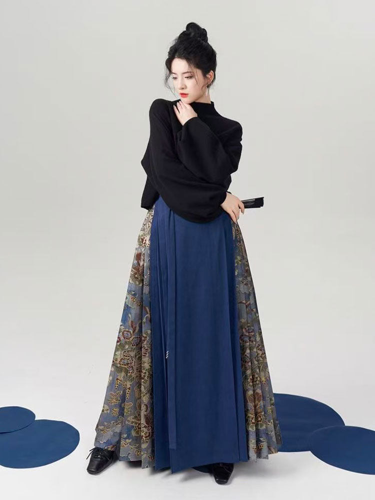 Vintage Chinese Blue Tang Dynasty Floral Tree and Bird Pattern Hanfu Mamianqun Skirt-01