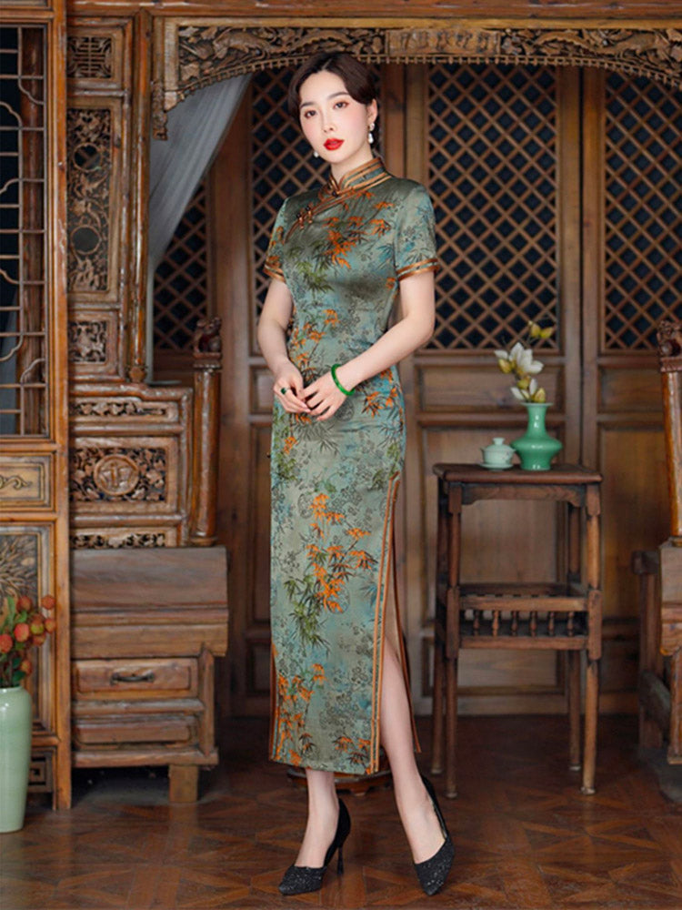 Chinese Style Vintage Bamboo Leaf and Flower Printed Cheongsam Dress for Women in Light Aqua Green Traditional Color Light Aqua Green / 4XL Chinese Style Vintage Bamboo Leaf and Flower Printed Cheongsam Dress for Women in Light Aqua Green Traditional Color Light Aqua Green / 4XL