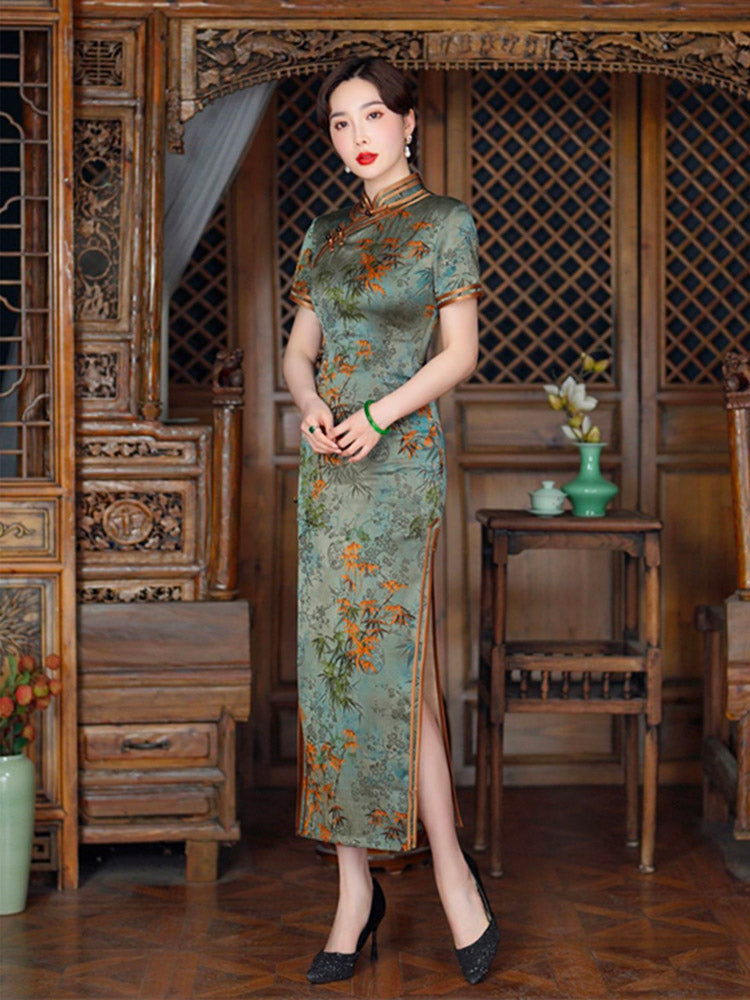 Chinese Style Vintage Bamboo Leaf and Flower Printed Cheongsam Dress for Women in Light Aqua Green Traditional Color-04