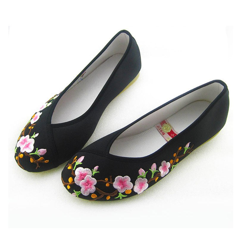 Chinese Style Satin Plum Blossom Embroidered Round Toe Slip On Flats (Multi-Color)-05