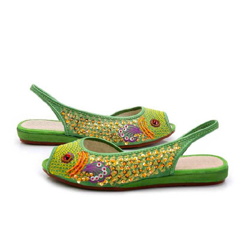 Sprout Green Embroidered Peep Toe Low Cut Flats-01
