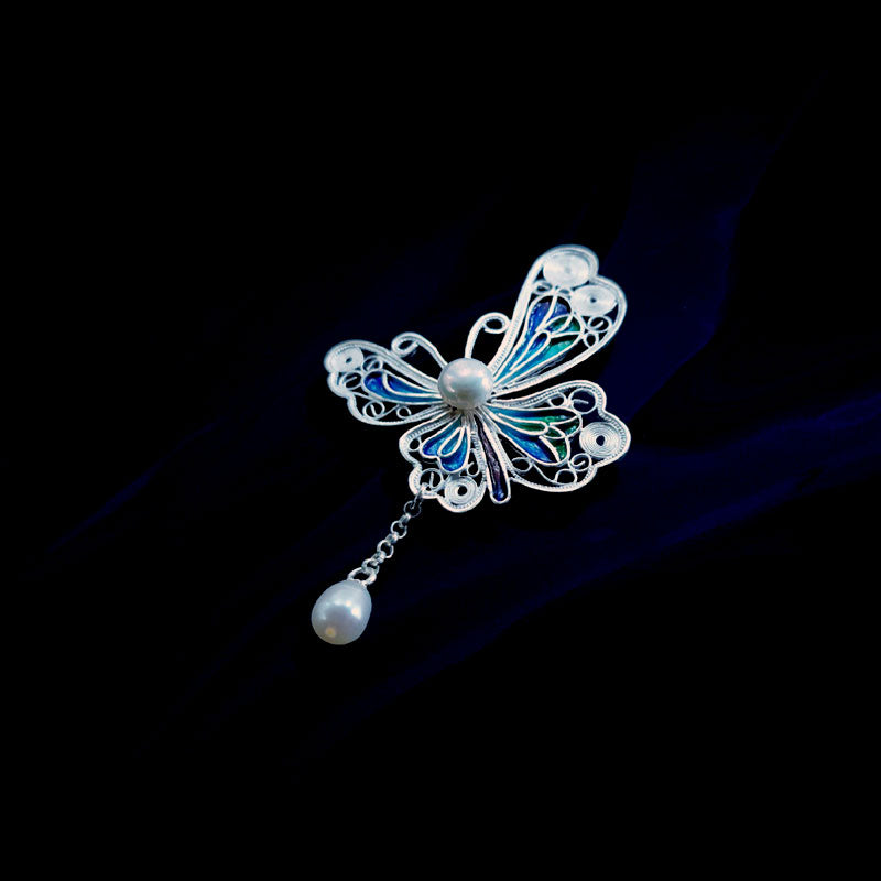 Vintage Cloisonné Silver Filigree Butterfly Inlaid Natural Freshwater Pearl Pendant / Brooch Jewelry Gift-05