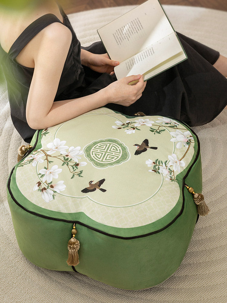 Jade Magnolia at Spring Dawn - Chinese Printed Meditation Pouf Pillow Floor Cushion